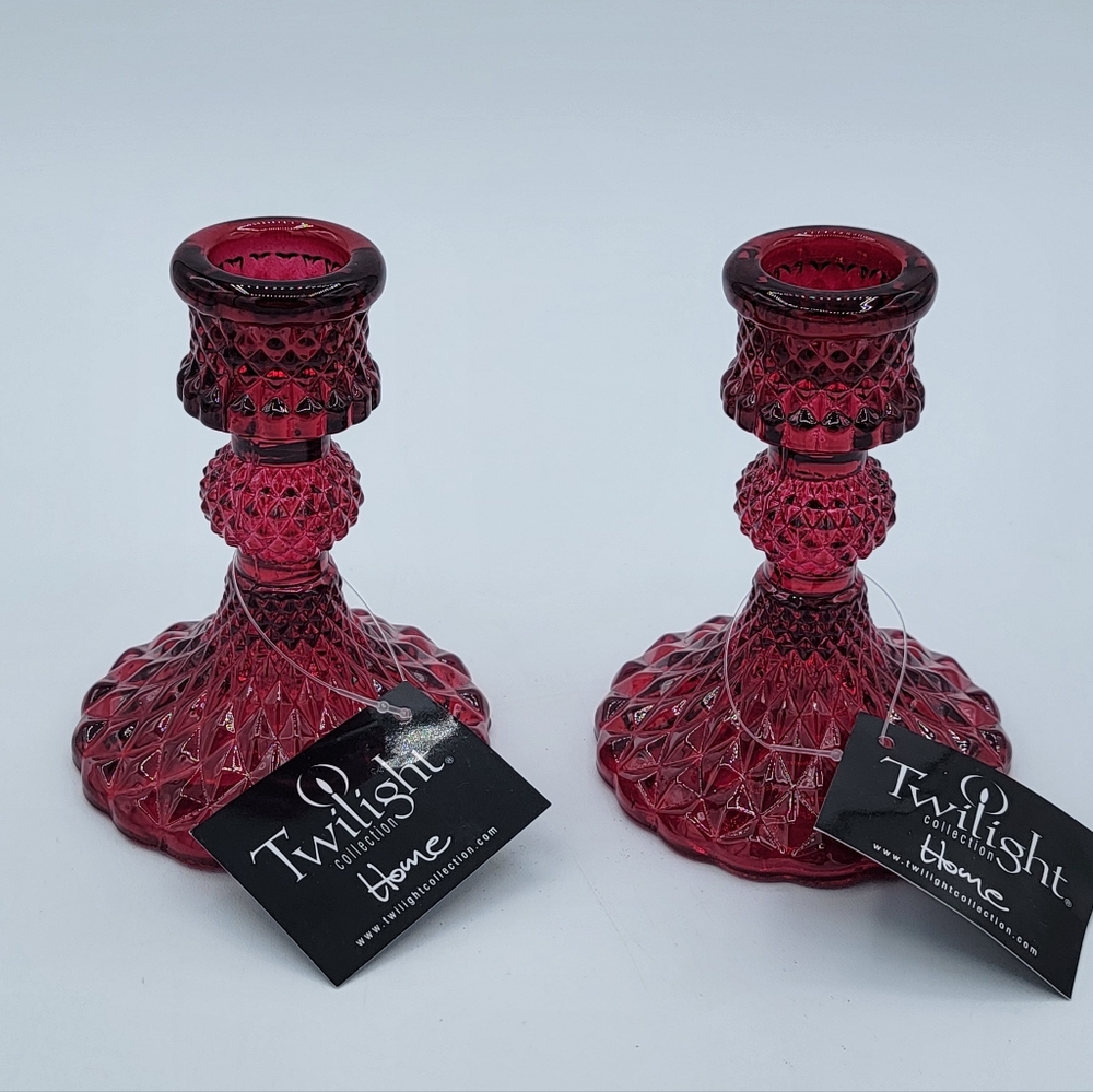 Glass Red Candlestick Holders Pair NWT #2793